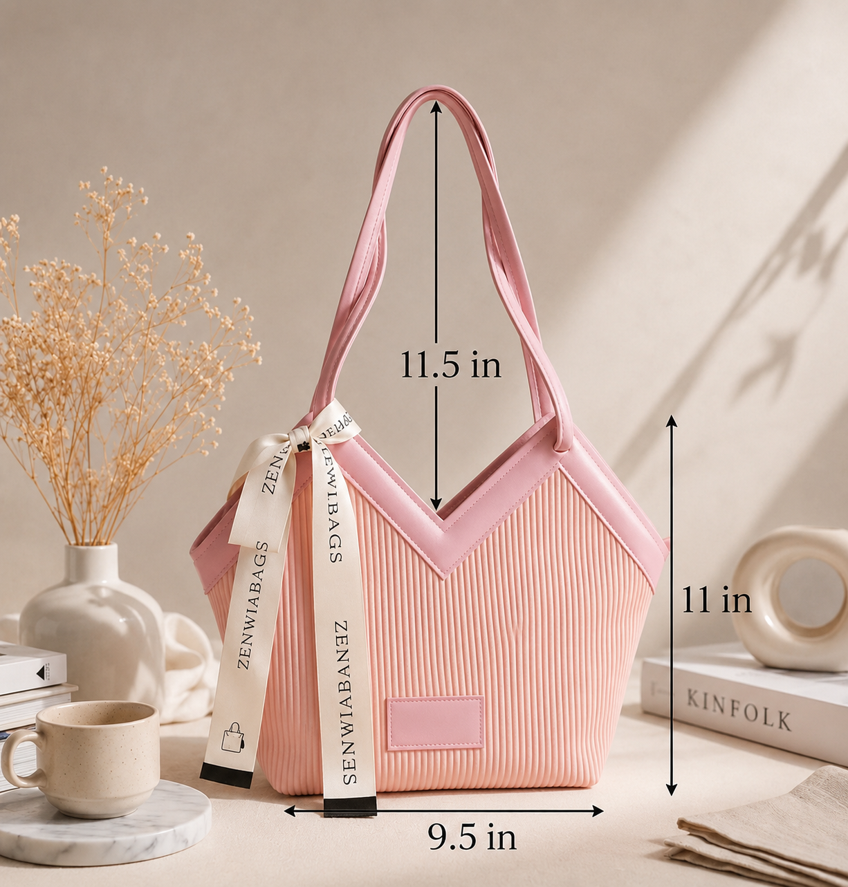 V Cut Ribbed Vegan Leather Tote Bag