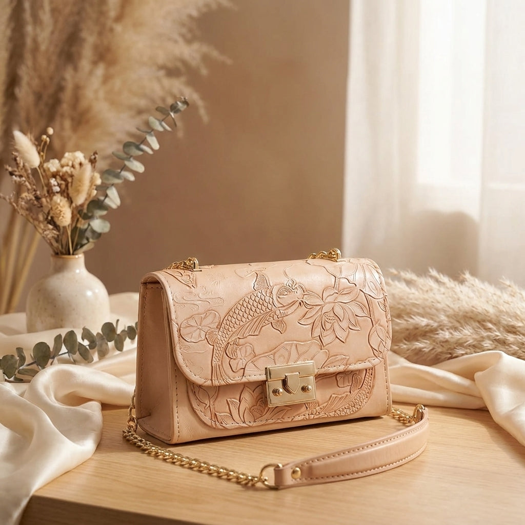 Luxury Peach-Nude Textured Satchel with Lotus & Koi Motif