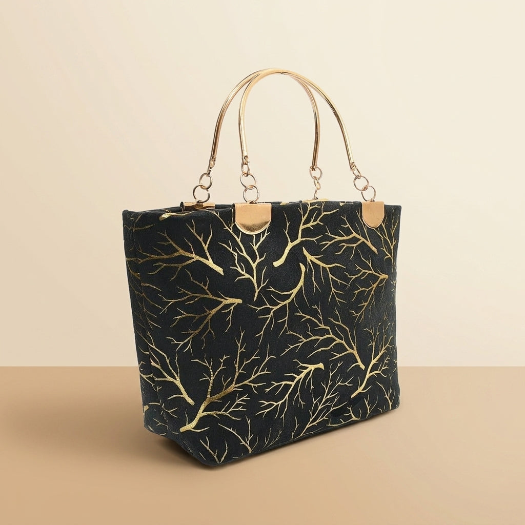 Elegant Velvet Printed Handbag with Top Handle