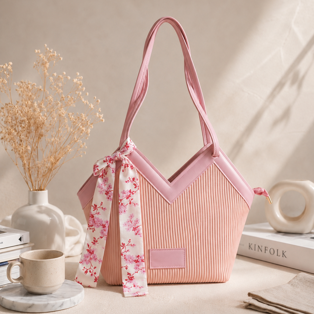 V Cut Ribbed Vegan Leather Tote Bag