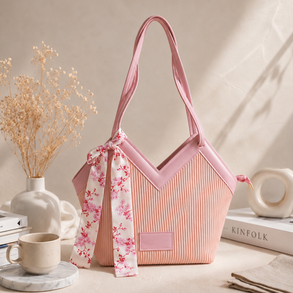 V Cut Ribbed Vegan Leather Tote Bag