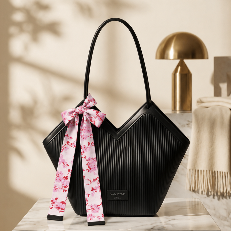 V Cut Ribbed Vegan Leather Tote Bag