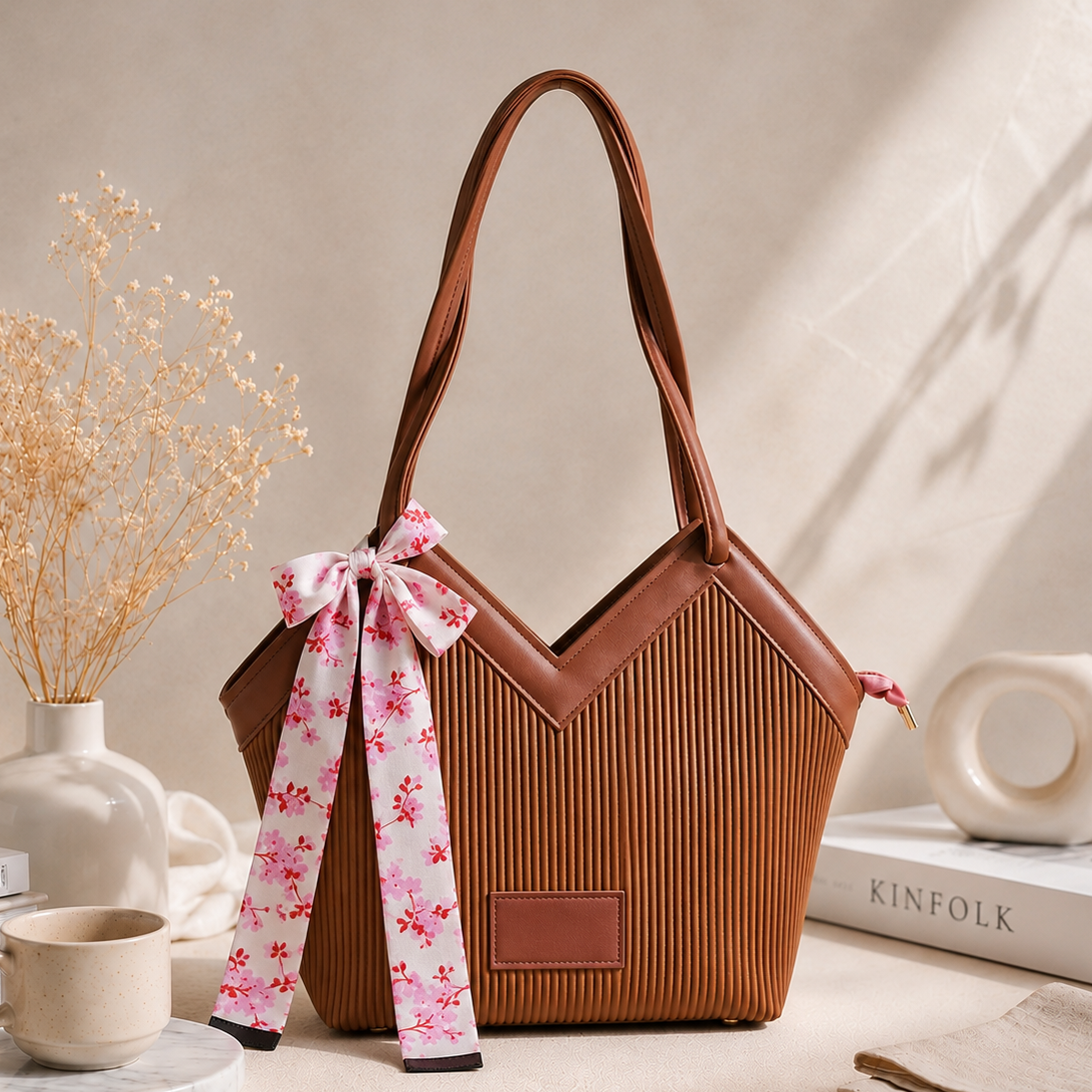 V Cut Ribbed Vegan Leather Tote Bag