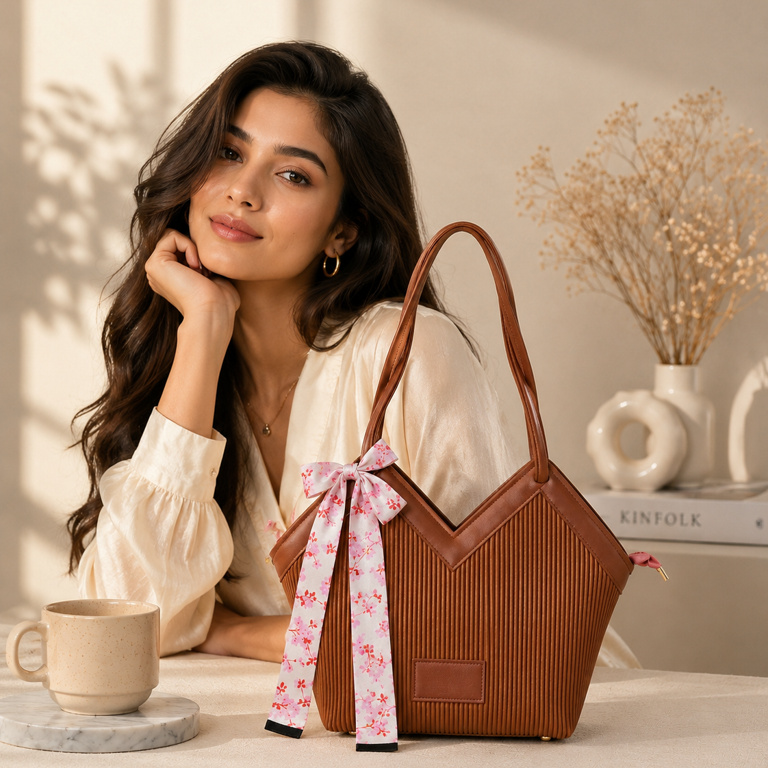 V Cut Ribbed Vegan Leather Tote Bag