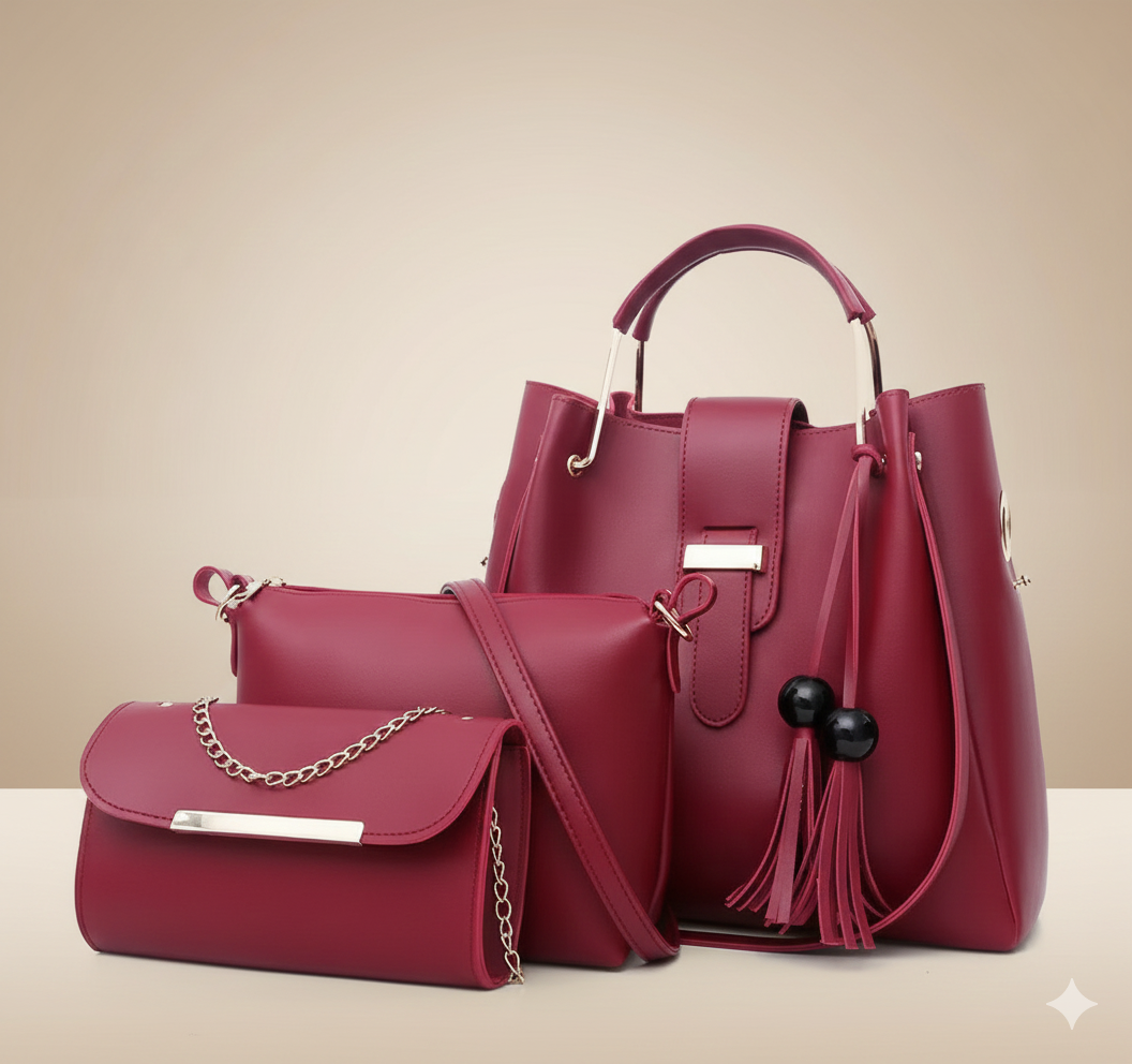 3-in-1 Premium Handbag Set – Maroon Edition