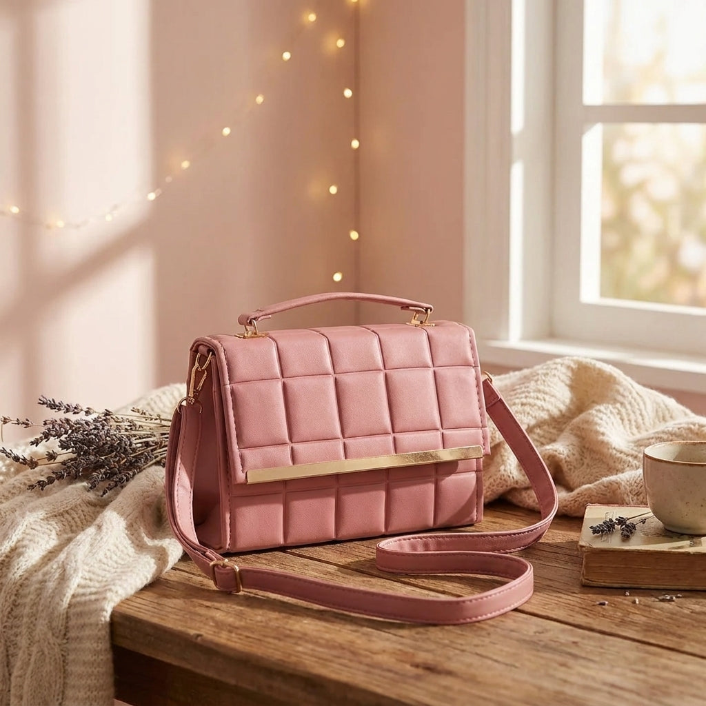 Women's Pink Block-Quilted Crossbody Bag with Gold Trim