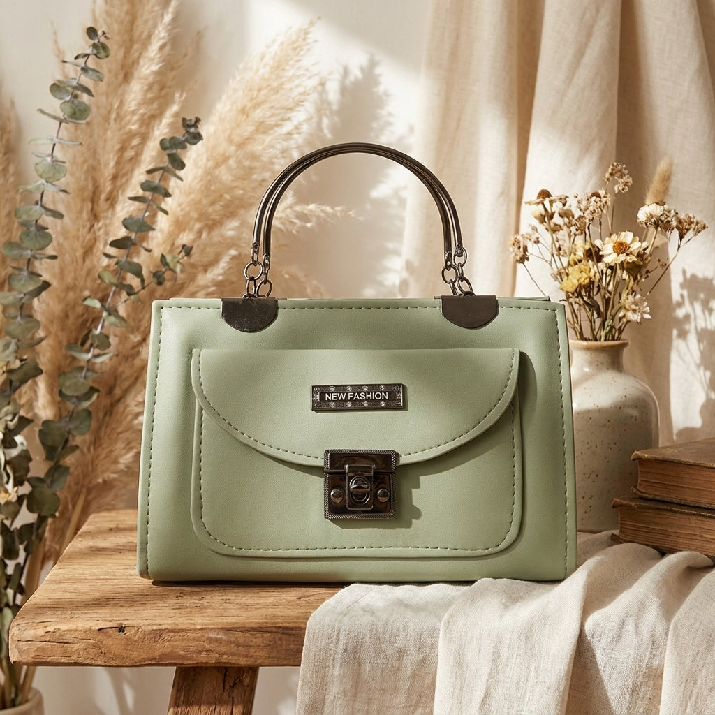 Premium Sage Green Top-Handle Handbag with Front Pocket