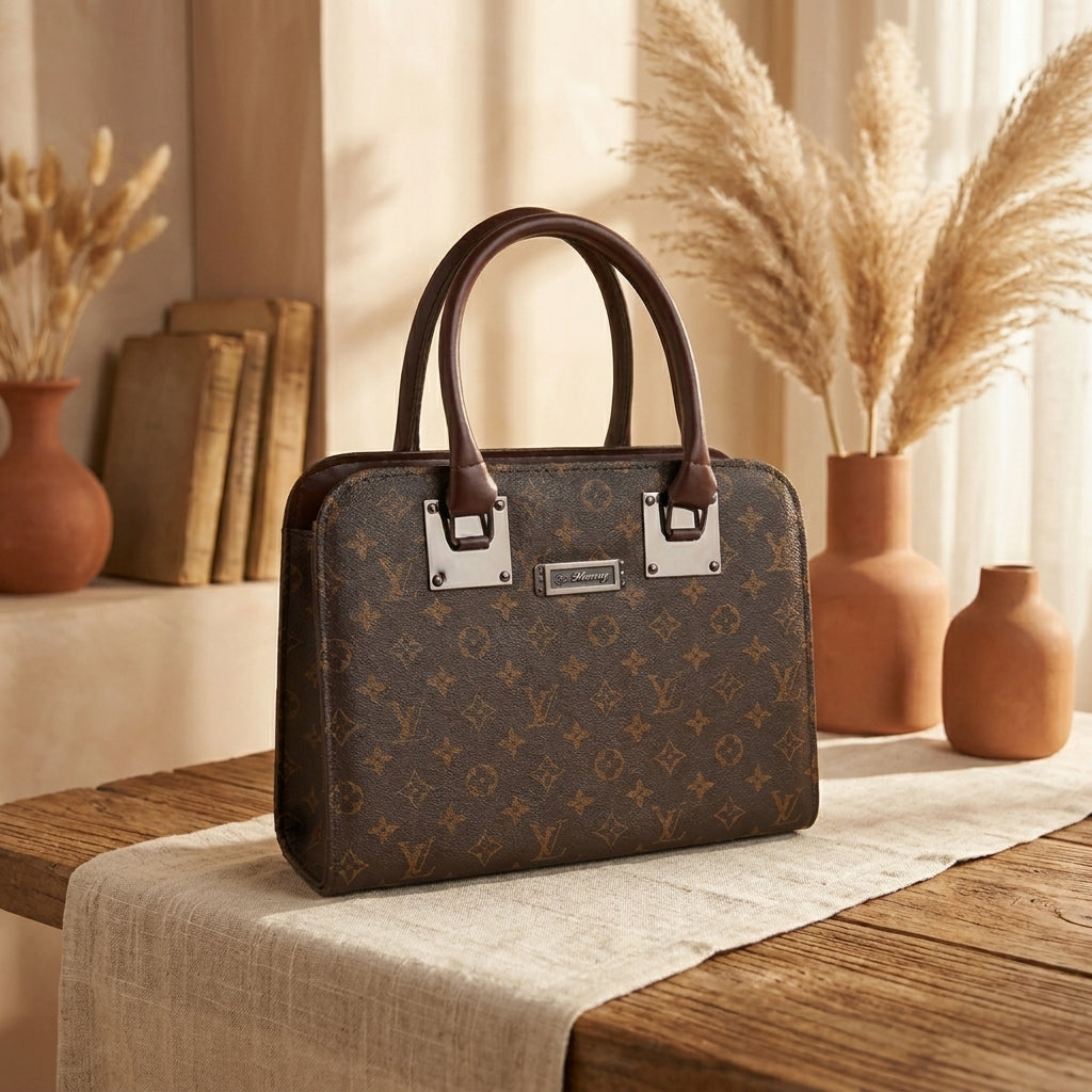 Classic Monogram Print Satchel Bag with Dark Brown Handles