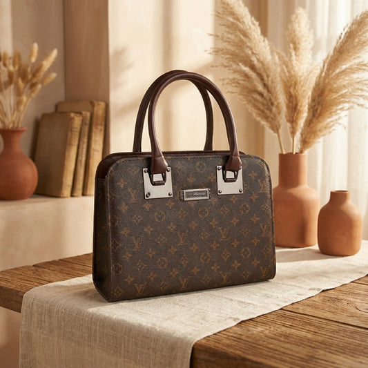 Classic Monogram Print Satchel Bag with Dark Brown Handles