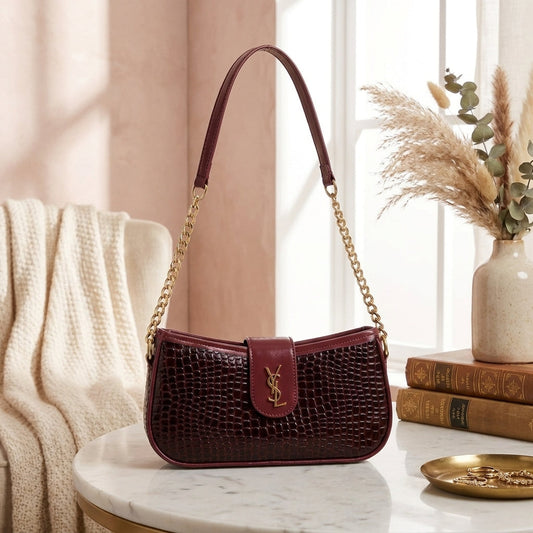 Elegant Maroon Croco-Texture Bag with Gold Chain Strap