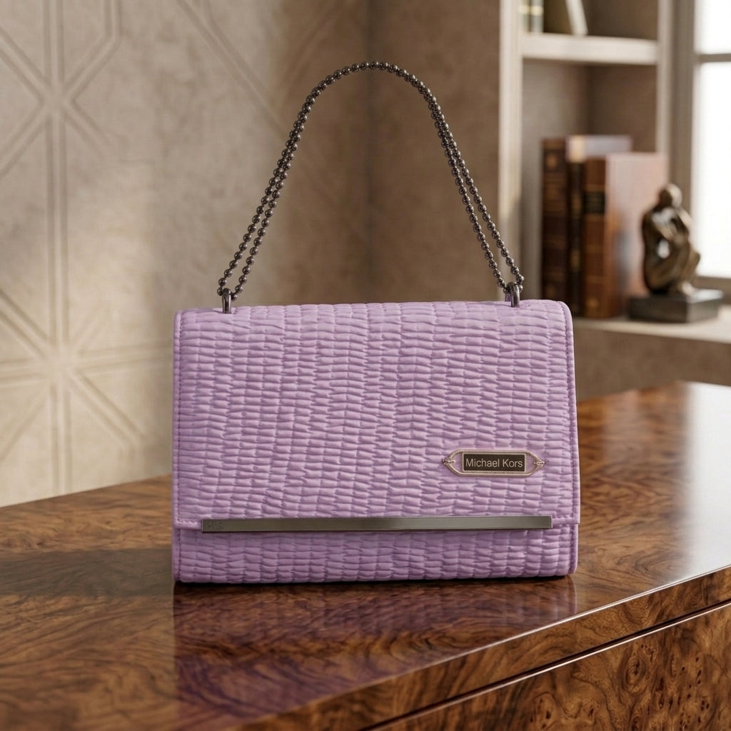 Elegant Violet Crinkle-Effect Handbag with Metallic Edge Trim