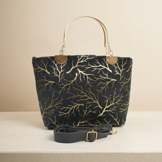 Elegant Velvet Printed Handbag with Top Handle