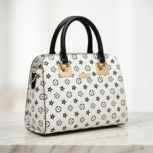 Classic Monogram Print Satchel Bag with Dark Brown Handles