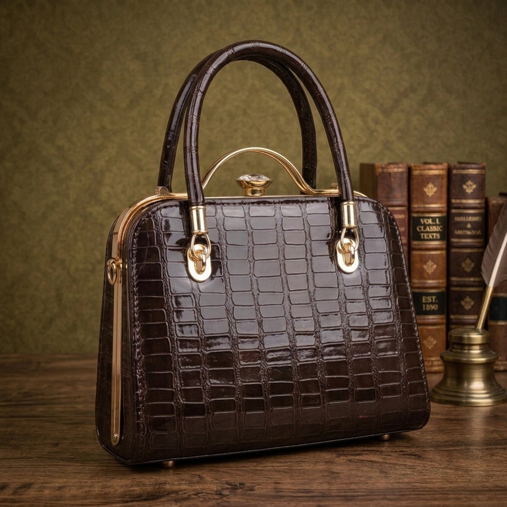 Luxury Glossy Dark Brown Croc-Embossed Vintage Handbag