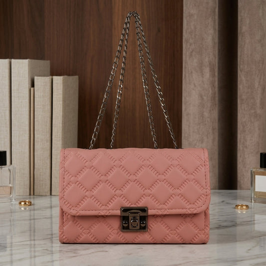 Elegant Pink Quilted Handbag with Metallic Lock Closure